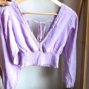 Lavender Long Sleeve V-Neck Peasant Crop Top